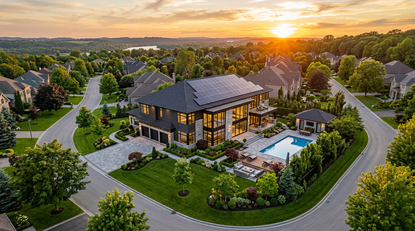 Modernes Haus mit Solaranlage bei Sonnenuntergang